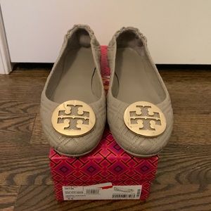 Tory Burch Quilted Minnie Flats with Metal Logo Size 9.5